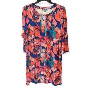 Fleur Bleue M Orange Blue Tiger Lilly Floral Print Relaxed Fit Dress